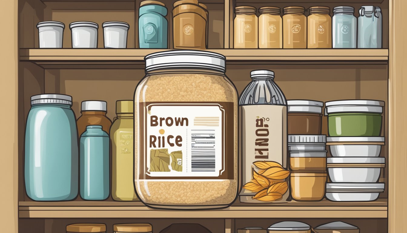 A jar of brown rice syrup sits on a kitchen shelf, surrounded by other pantry items. The label shows the expiration date, indicating its shelf life