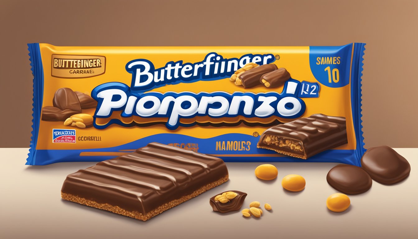 A Butterfinger candy bar sits on a shelf next to its packaging, surrounded by a pile of peanuts, chocolate, and caramel. A nutrition label and expiration date are visible on the packaging