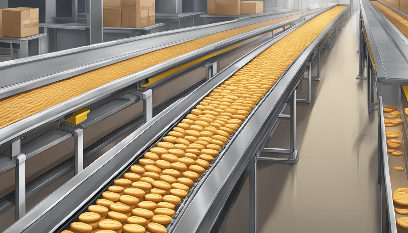 A factory conveyor belt moves freshly made Butterfingers towards packaging