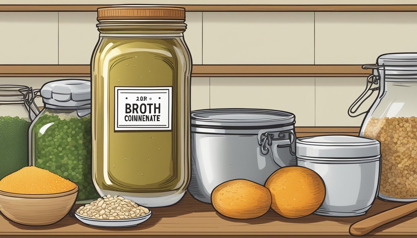 A jar of broth concentrate sits on a pantry shelf, surrounded by various cooking ingredients and utensils. The label on the jar indicates the expiration date