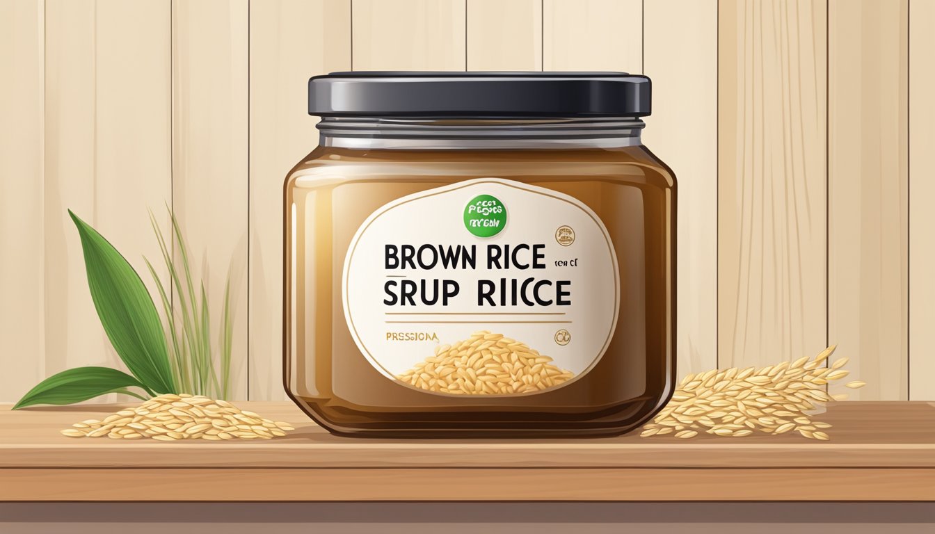 A tightly sealed glass jar of brown rice syrup on a pantry shelf