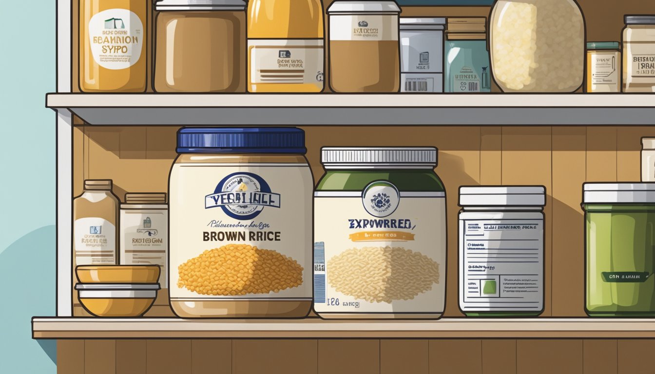 A jar of brown rice syrup sits on a pantry shelf, surrounded by other food items. The label on the jar indicates the expiration date