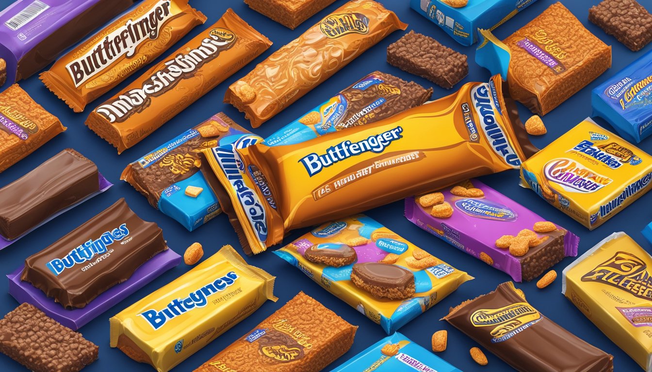 A Butterfinger candy bar sits on a table, surrounded by popular culture references - movie posters, TV show memorabilia, and social media icons