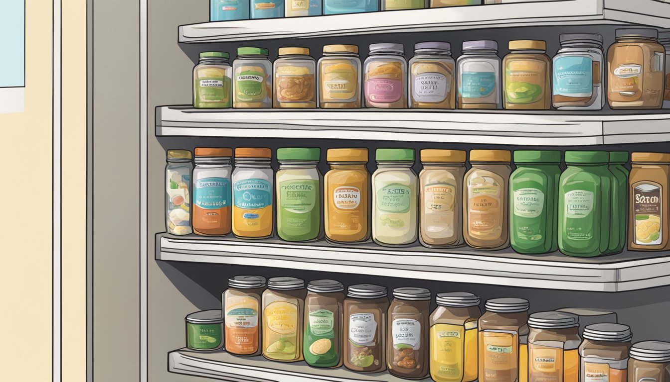 A jar of broth concentrate sits on a shelf with a "best by" date prominently displayed. Nearby, a refrigerator door is open, revealing neatly organized containers of various food items