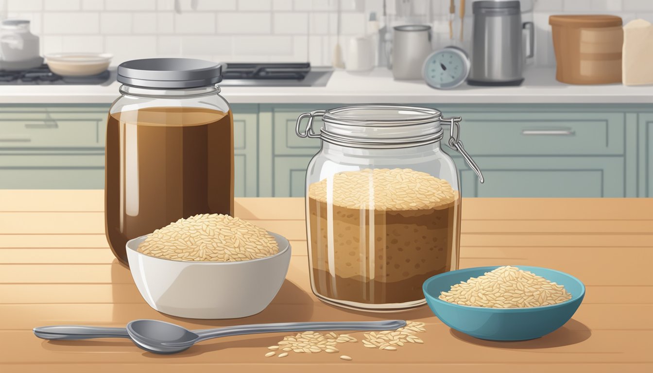 A jar of brown rice syrup sits on a kitchen counter, next to a measuring spoon and a bowl of freshly baked cookies