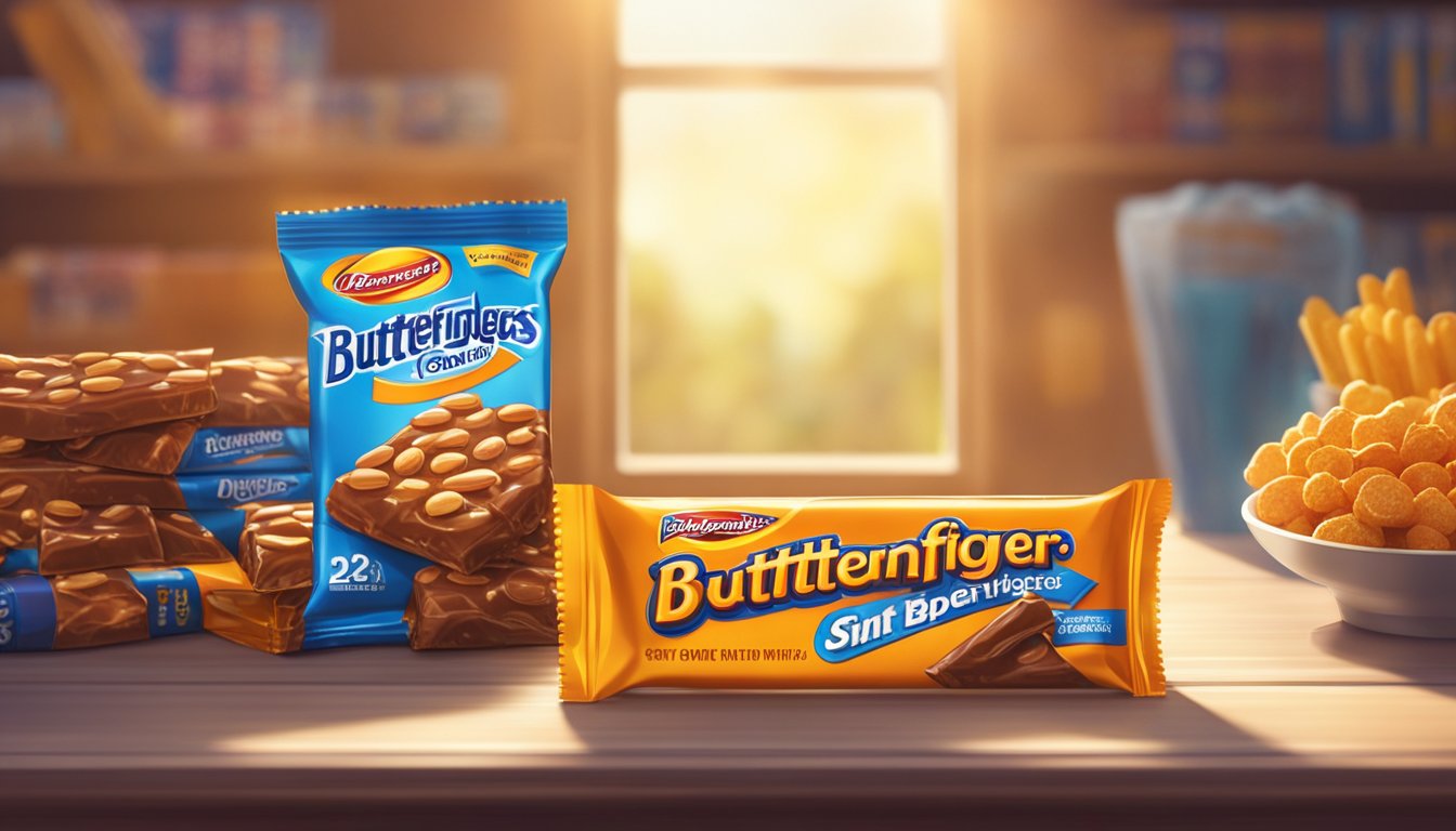 A Butterfinger candy bar sits on a shelf, surrounded by other snacks. Rays of sunlight filter through the window, casting a warm glow on the packaging