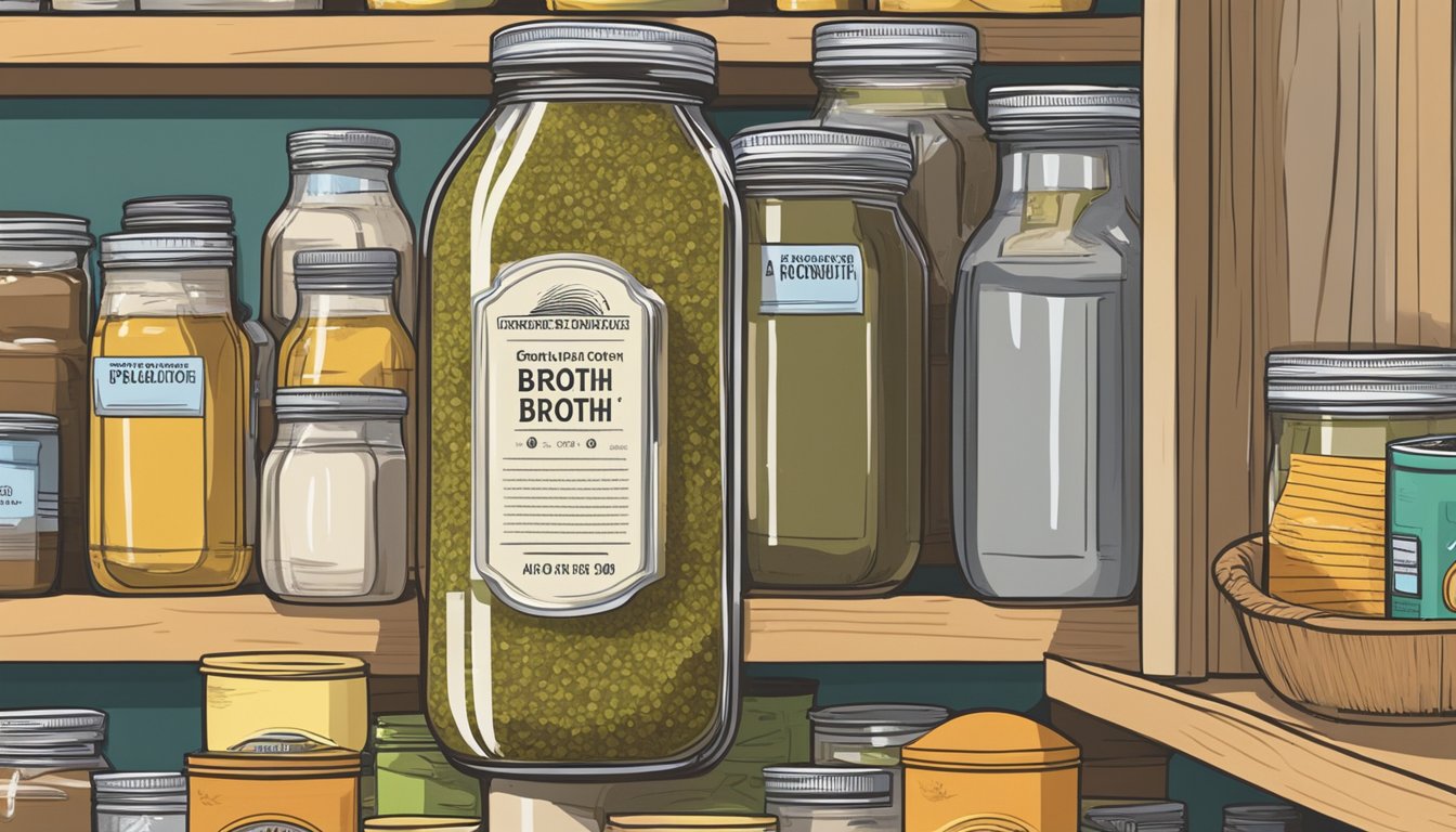 A jar of broth concentrate sits on a shelf, surrounded by other pantry items. The label indicates the expiration date, and the jar is unopened and undisturbed