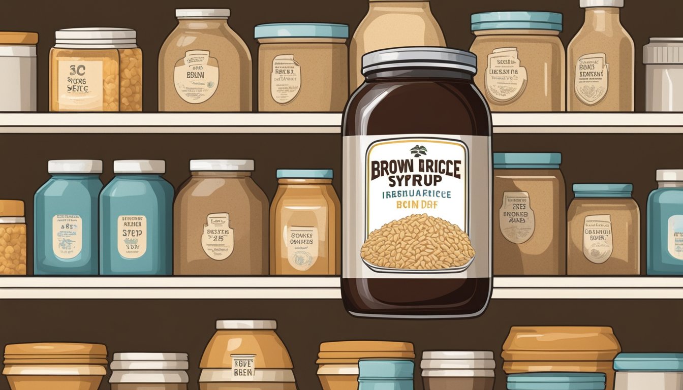 A jar of brown rice syrup sits on a shelf, surrounded by other pantry items. The label indicates the expiration date, while the syrup inside remains untouched