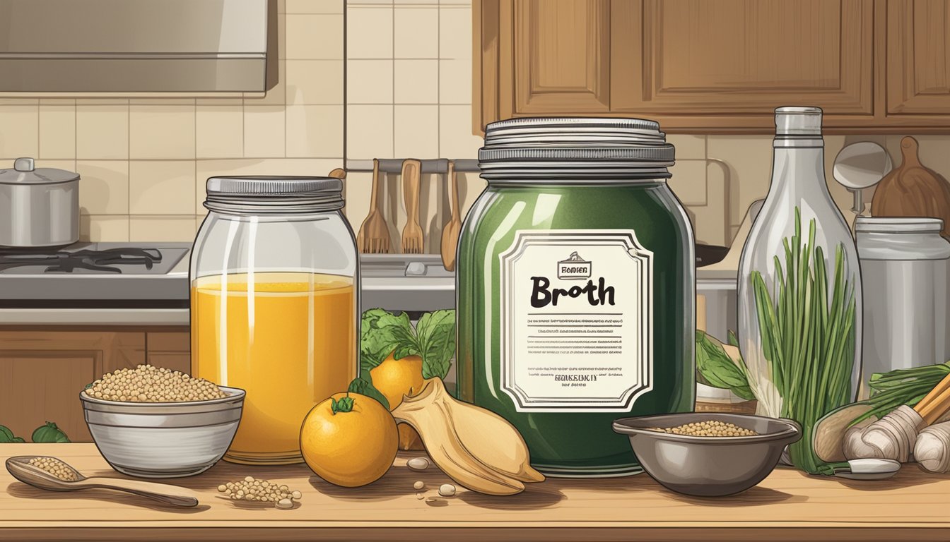 A jar of broth concentrate sits on a kitchen shelf, surrounded by various cooking utensils and ingredients. The label on the jar indicates the expiration date