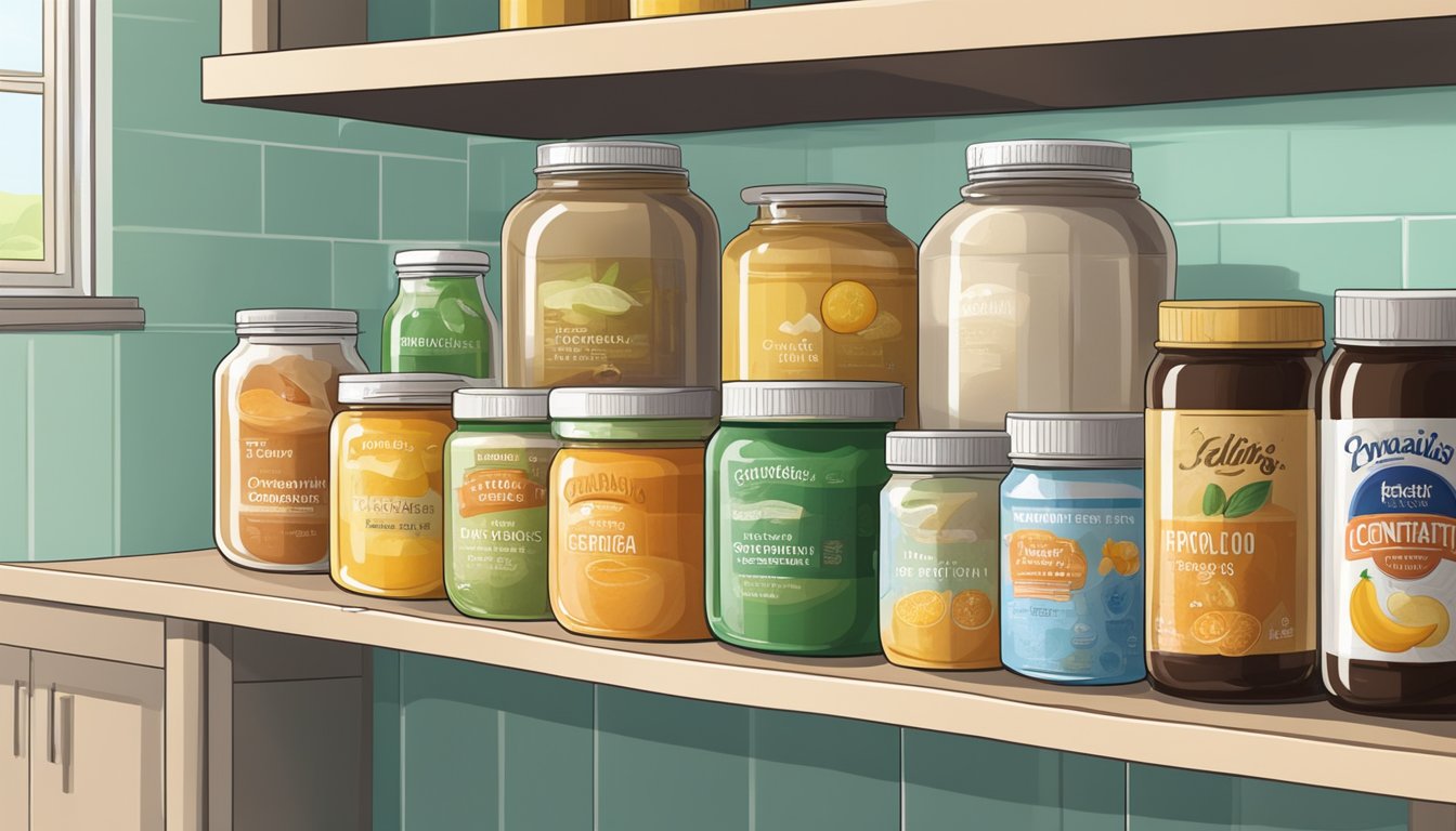 A jar of broth concentrate sits next to various alternatives on a kitchen shelf, with expiration dates clearly visible on each product