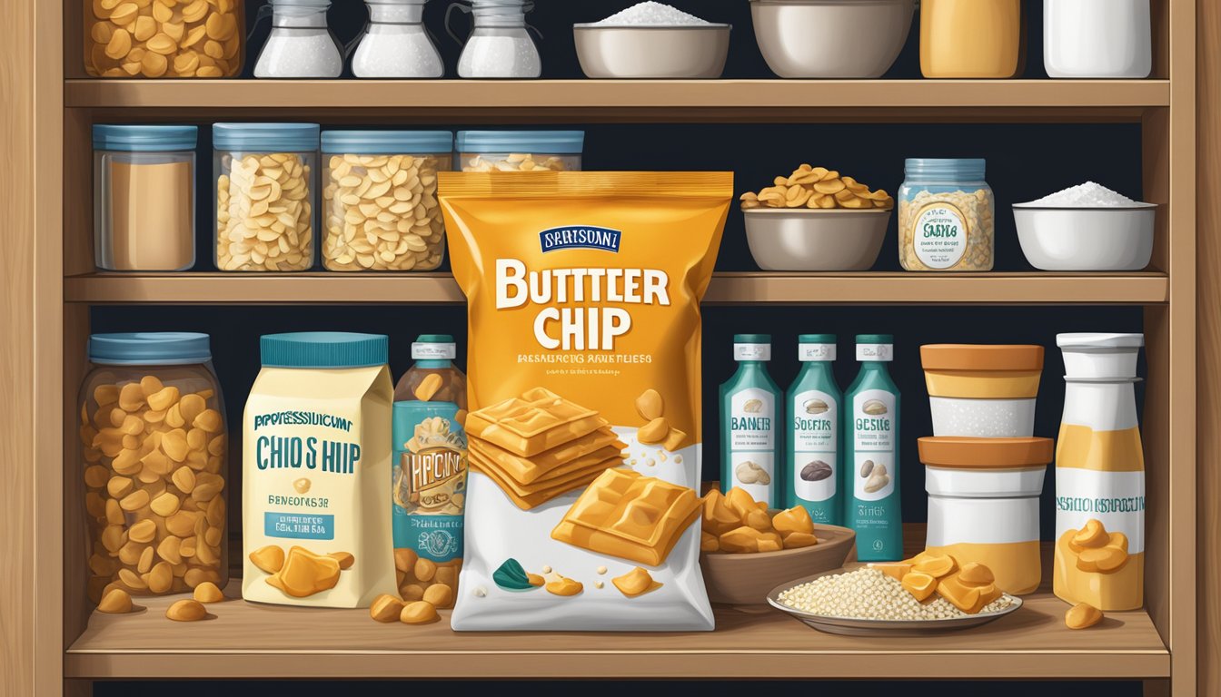 A butterscotch chip bag sits unopened on a pantry shelf, surrounded by other baking ingredients