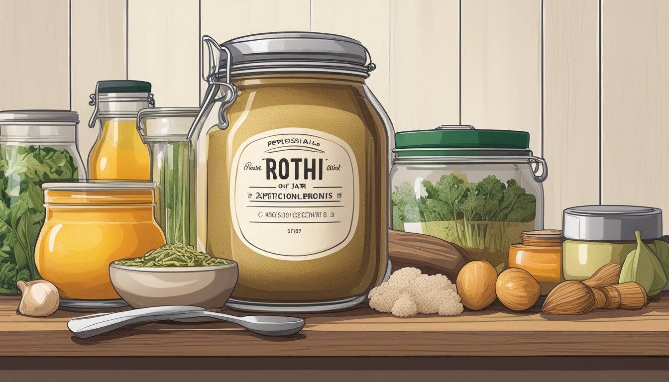 A jar of broth concentrate sits on a shelf, surrounded by various cooking ingredients and utensils. The label on the jar indicates the expiration date