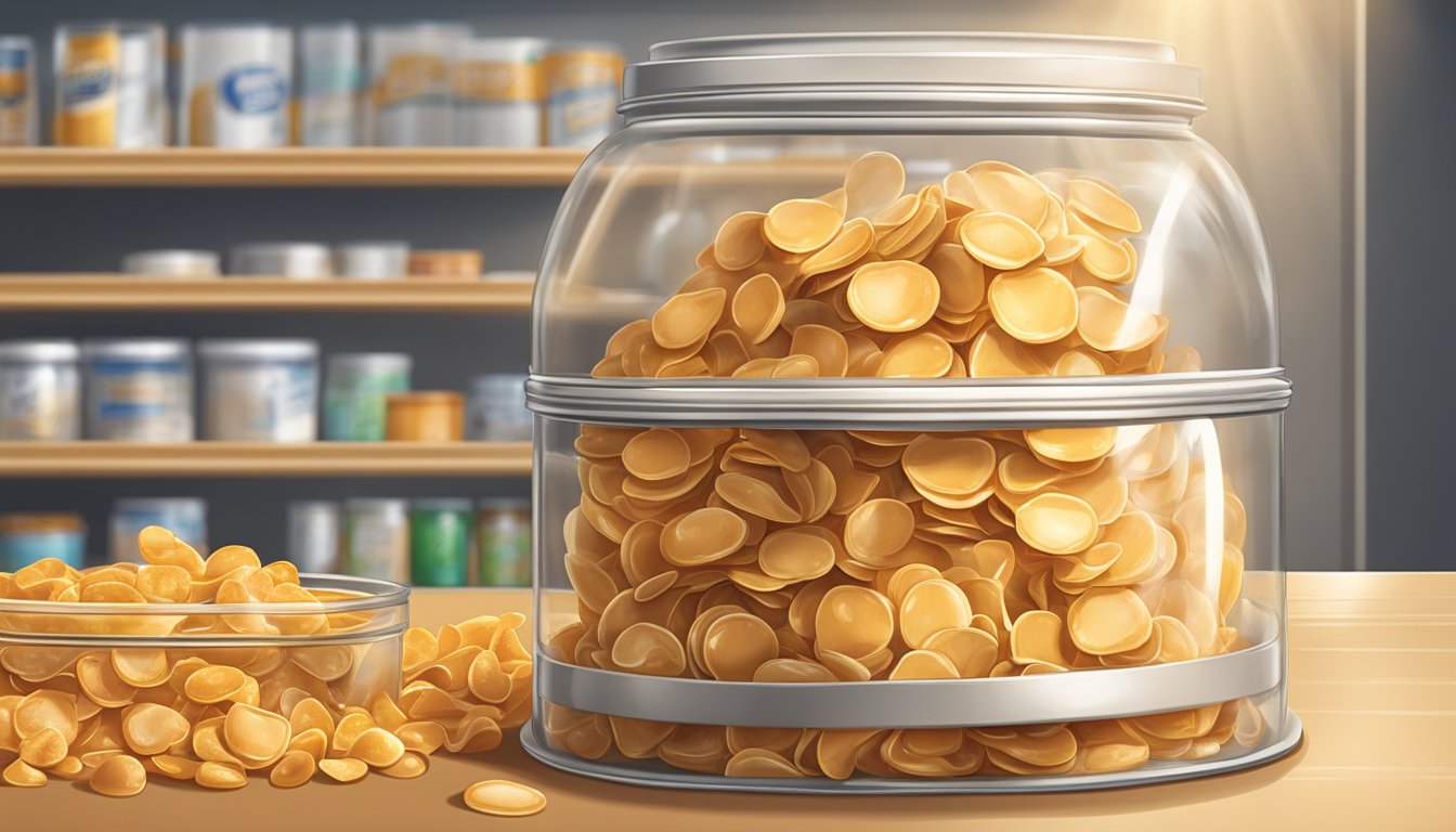 A sealed bag of butterscotch chips sits on a dry, cool pantry shelf, away from sunlight and heat sources