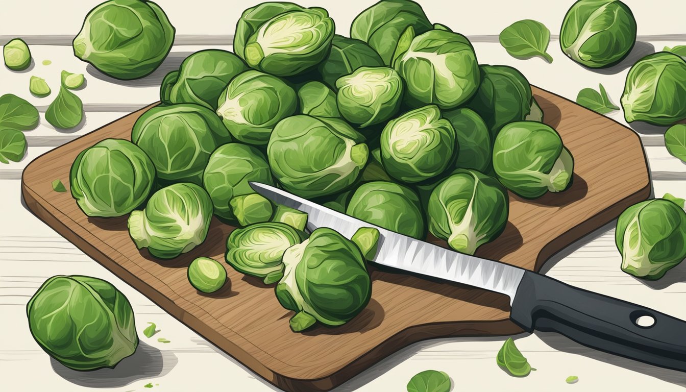 Fresh Brussels sprouts arranged on a clean cutting board, with a sharp knife and a bowl for trimming and preparing before storage