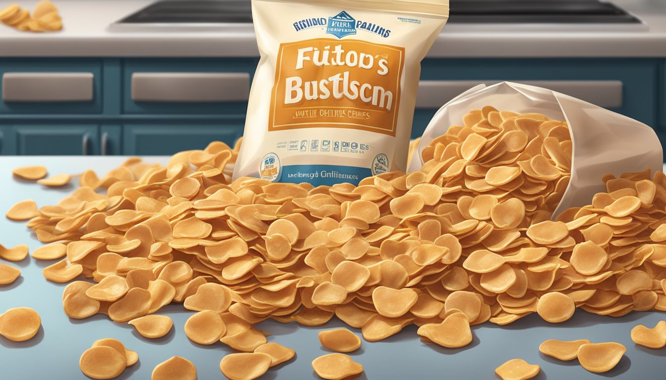 A bag of butterscotch chips sits open on a kitchen counter, with a few chips scattered around. The chips appear discolored and have a slightly rancid smell