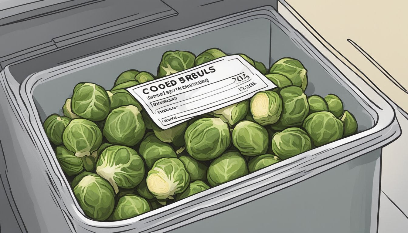 A container of cooked Brussels sprouts sits in a refrigerator, with a label displaying the date they were prepared