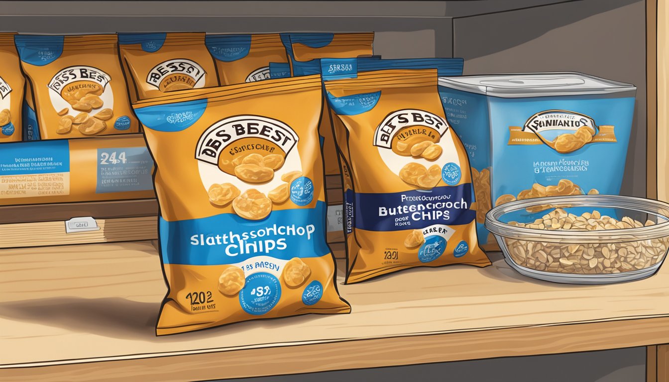 A bag of butterscotch chips sits unopened on a pantry shelf, with a best-by date printed on the packaging