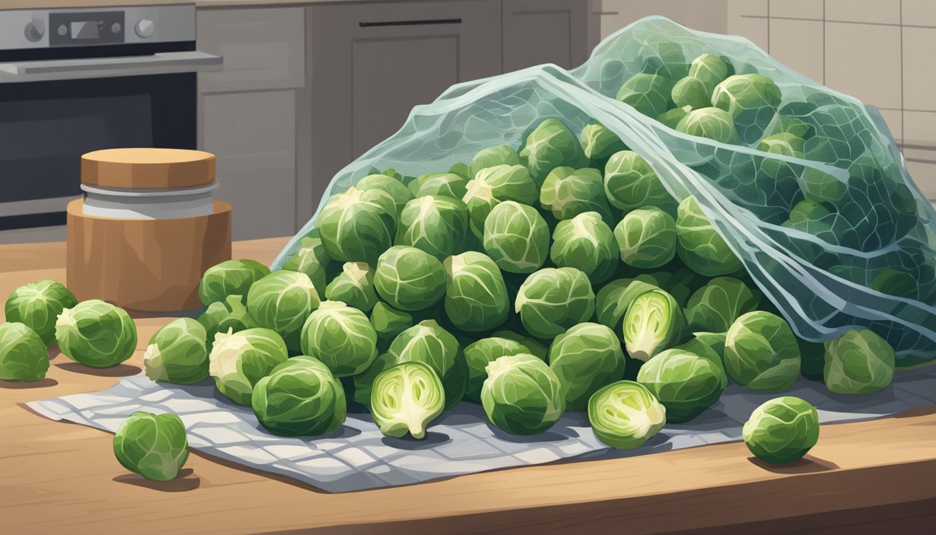 A pile of fresh Brussels sprouts sits on a kitchen counter, surrounded by other vegetables. Some are in a mesh bag, while others are loose