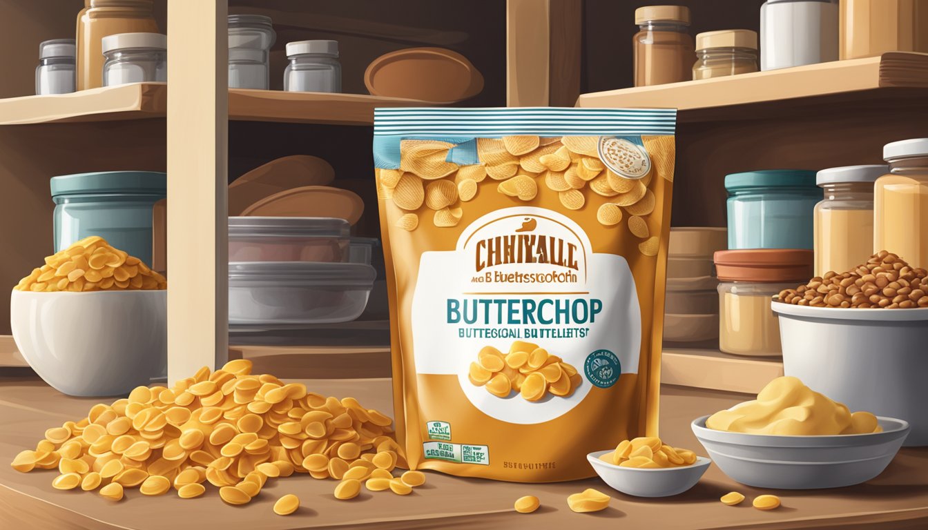 A sealed bag of butterscotch chips on a pantry shelf, surrounded by other baking ingredients