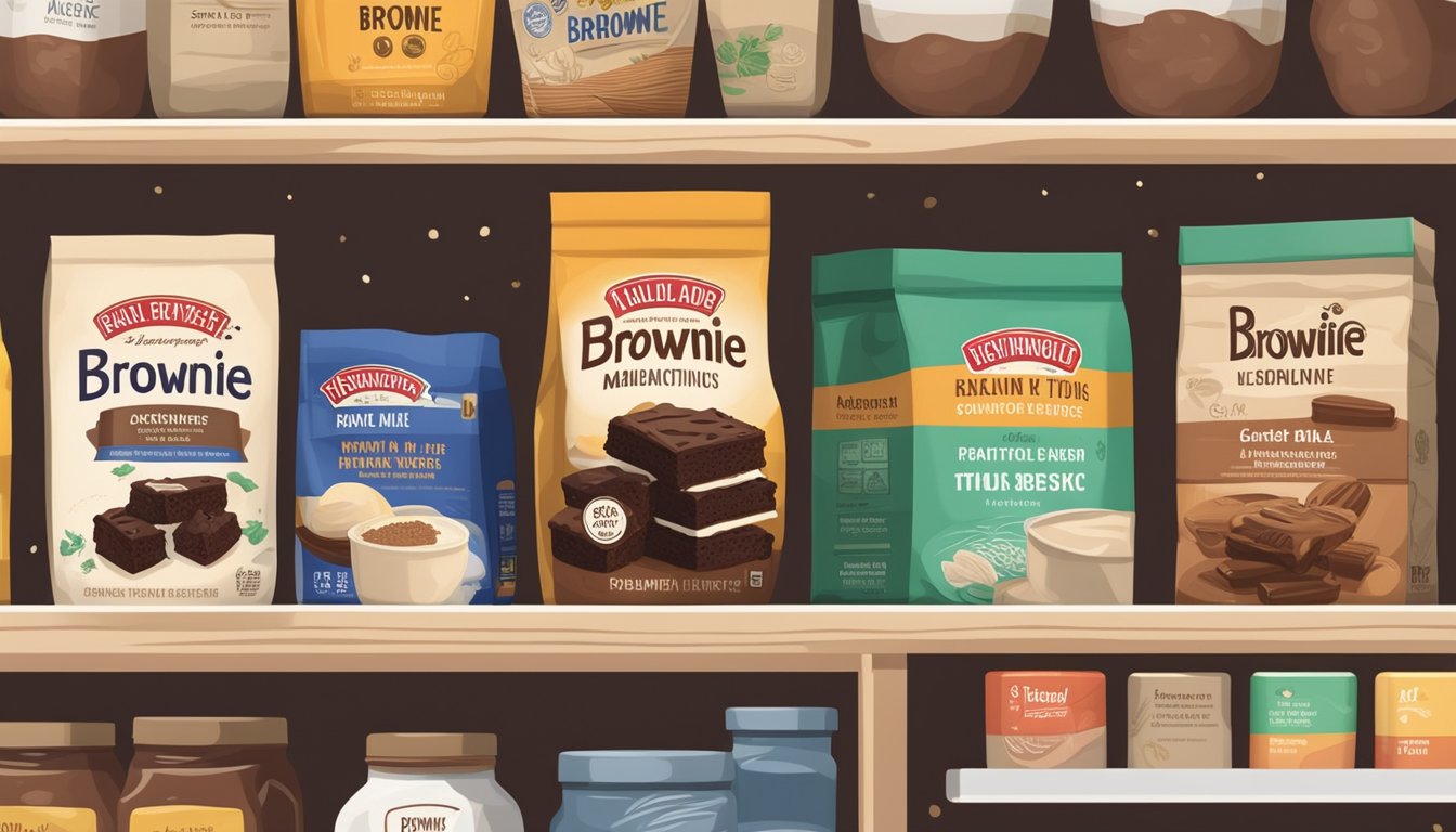 A sealed brownie mix sits on a pantry shelf, next to other baking ingredients. The expiration date is clearly visible on the packaging