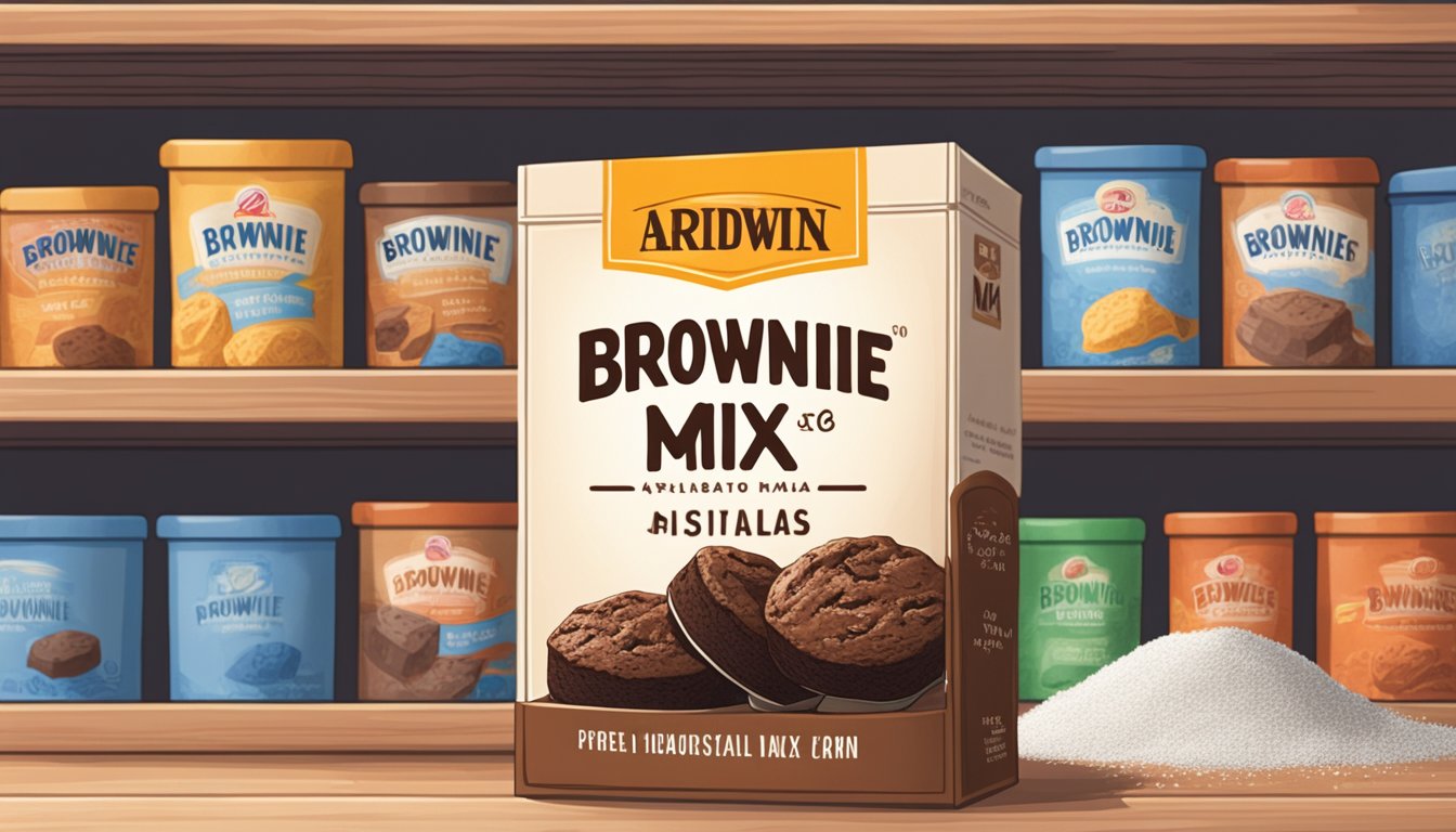 A box of brownie mix sits on a pantry shelf, covered in dust. The expiration date has passed, and the mix has started to clump and discolor