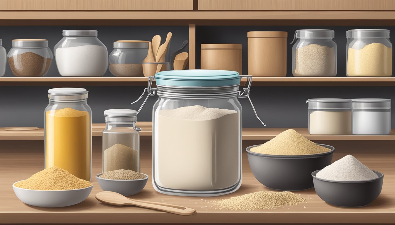 A tightly sealed container of buckwheat flour on a kitchen shelf, surrounded by other baking ingredients and utensils