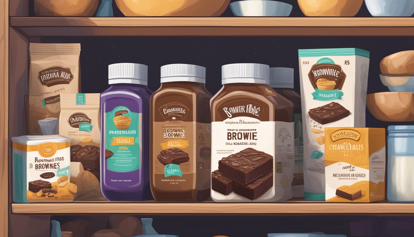 A sealed brownie mix sits on a pantry shelf, surrounded by other baking ingredients. The expiration date is clearly visible on the packaging