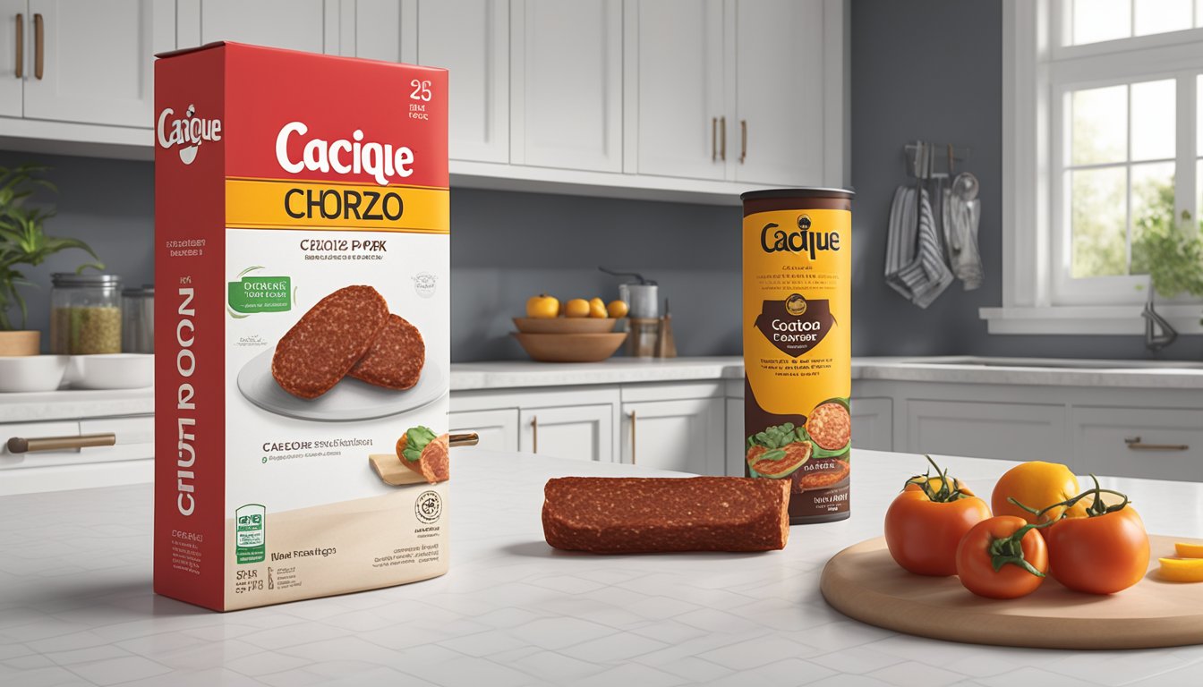 A package of Cacique Pork Chorizo sits on a clean, white kitchen counter next to a calendar showing the current date