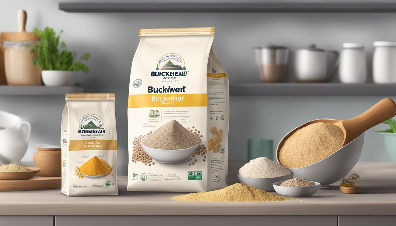 A bag of buckwheat flour sits on a kitchen shelf, next to other essential ingredients. The packaging is unopened, and the expiration date is clearly visible