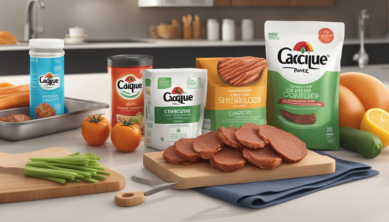 A package of Cacique Pork Chorizo sits on a clean, organized kitchen counter, surrounded by other food safety essentials such as a thermometer and storage containers