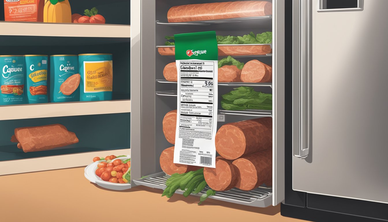 A package of Cacique Pork Chorizo sits in a refrigerator, surrounded by other groceries. The date on the packaging indicates its expiration