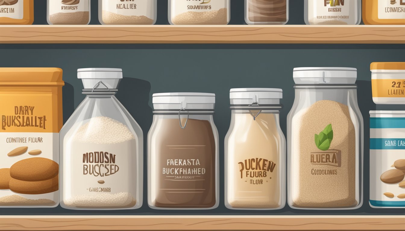 A sealed container of buckwheat flour on a pantry shelf, surrounded by other dry goods