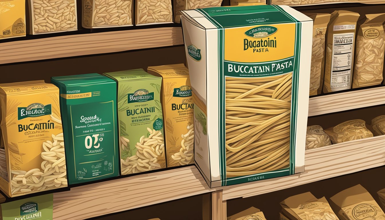 A package of bucatini pasta sits on a pantry shelf, surrounded by other dry goods. The expiration date is visible on the packaging