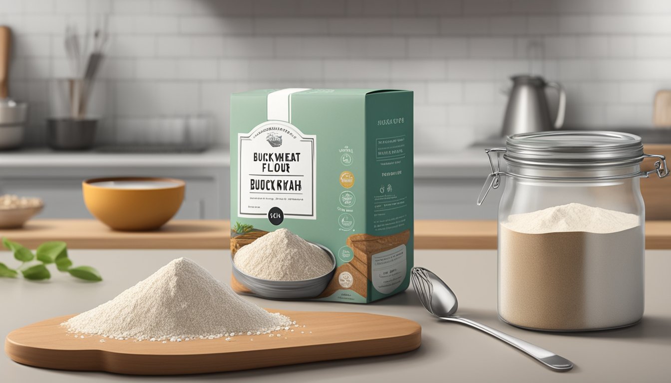 A bag of buckwheat flour sits on a kitchen counter next to a pile of recipe books and a measuring cup. The flour is in a clear, airtight container with a label indicating the date it was opened