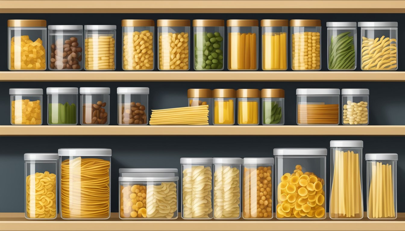 A pantry shelf with neatly organized containers of bucatini pasta, sealed in airtight packaging to maintain freshness