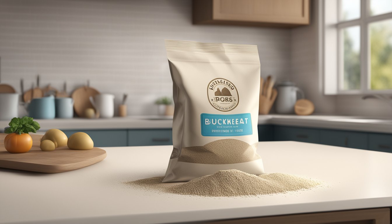 A bag of expired buckwheat flour sits on a kitchen counter, with a visible expiration date and a cloud of dust emanating from it