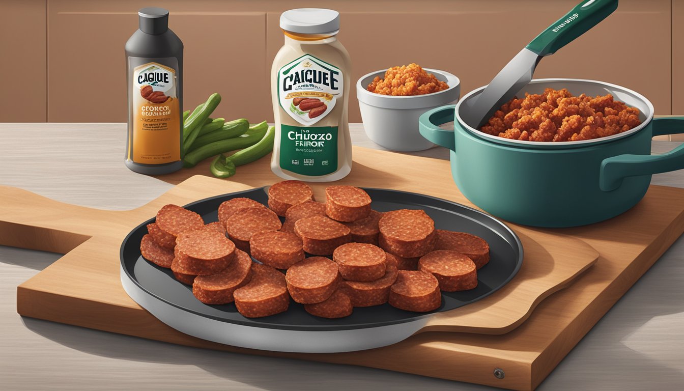 A package of Cacique Pork Chorizo sits on a kitchen counter, next to a cutting board and a skillet. The chorizo is being unwrapped and crumbled into the hot skillet