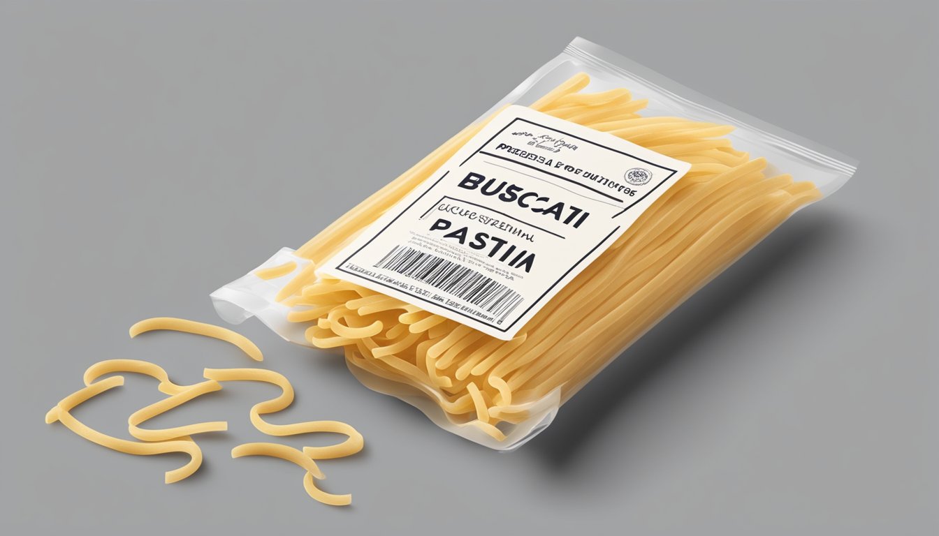 A package of bucatini pasta with expiration date and visible signs of spoilage