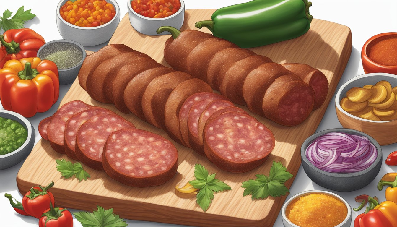 A package of Cacique Pork Chorizo sits open on a wooden cutting board, surrounded by colorful ingredients like bell peppers, onions, and tomatoes