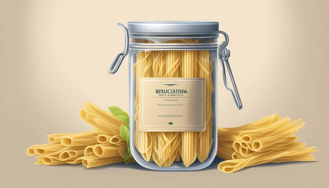 A bundle of dry bucatini pasta in a sealed package, stored in a cool, dry pantry