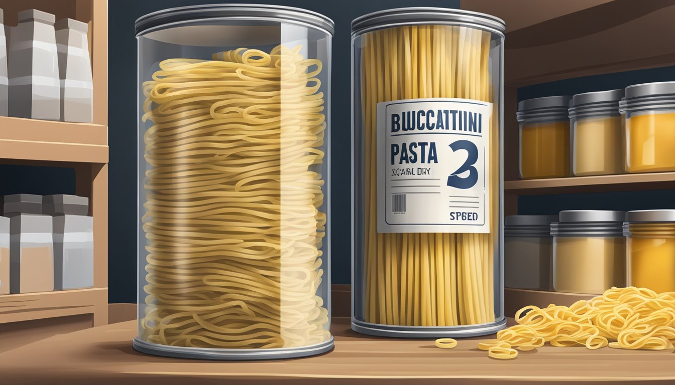 A sealed package of bucatini pasta stored in a cool, dry pantry, with a visible expiration date