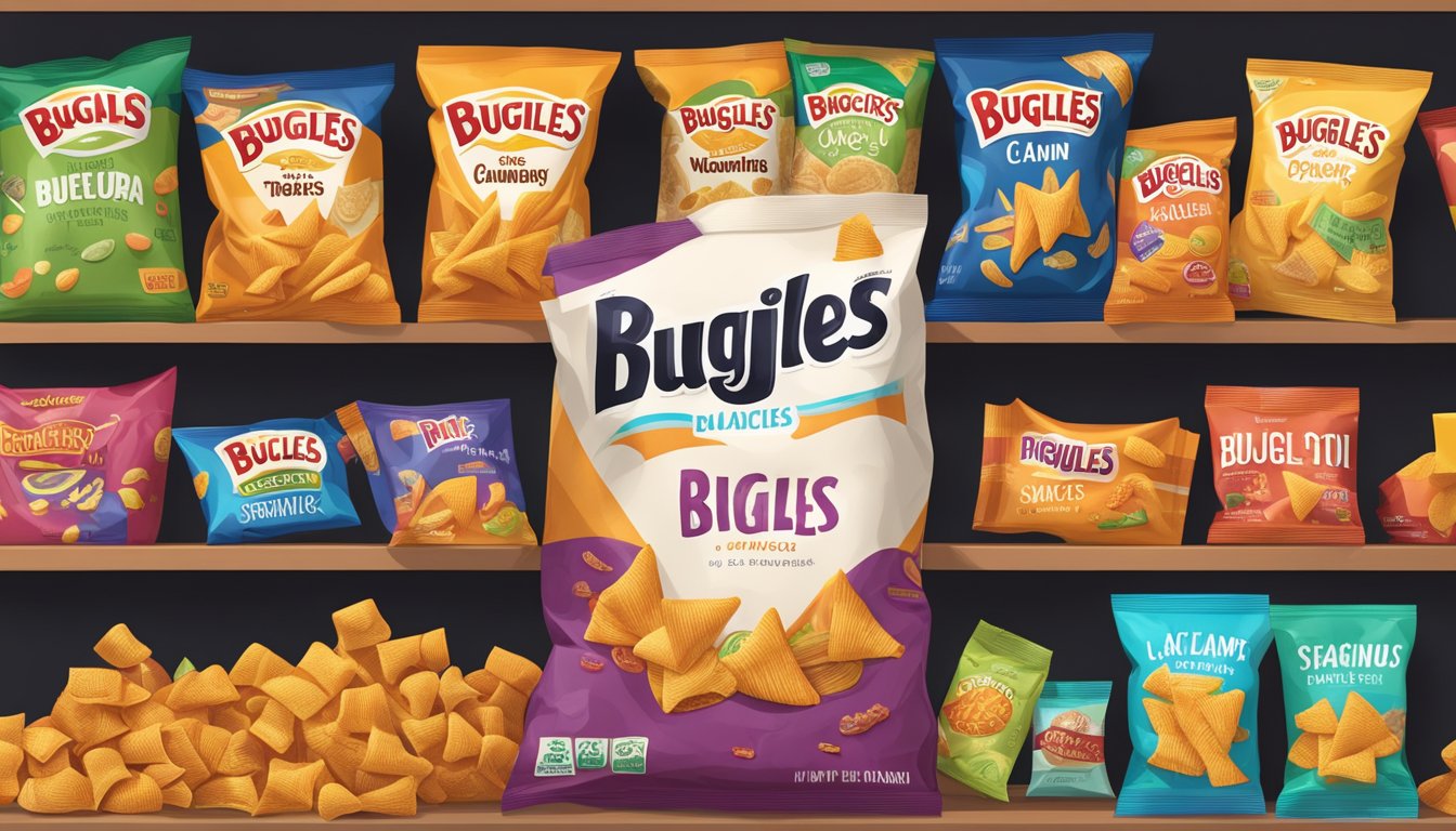 A bag of Bugles sits on a shelf, unopened, surrounded by other snacks