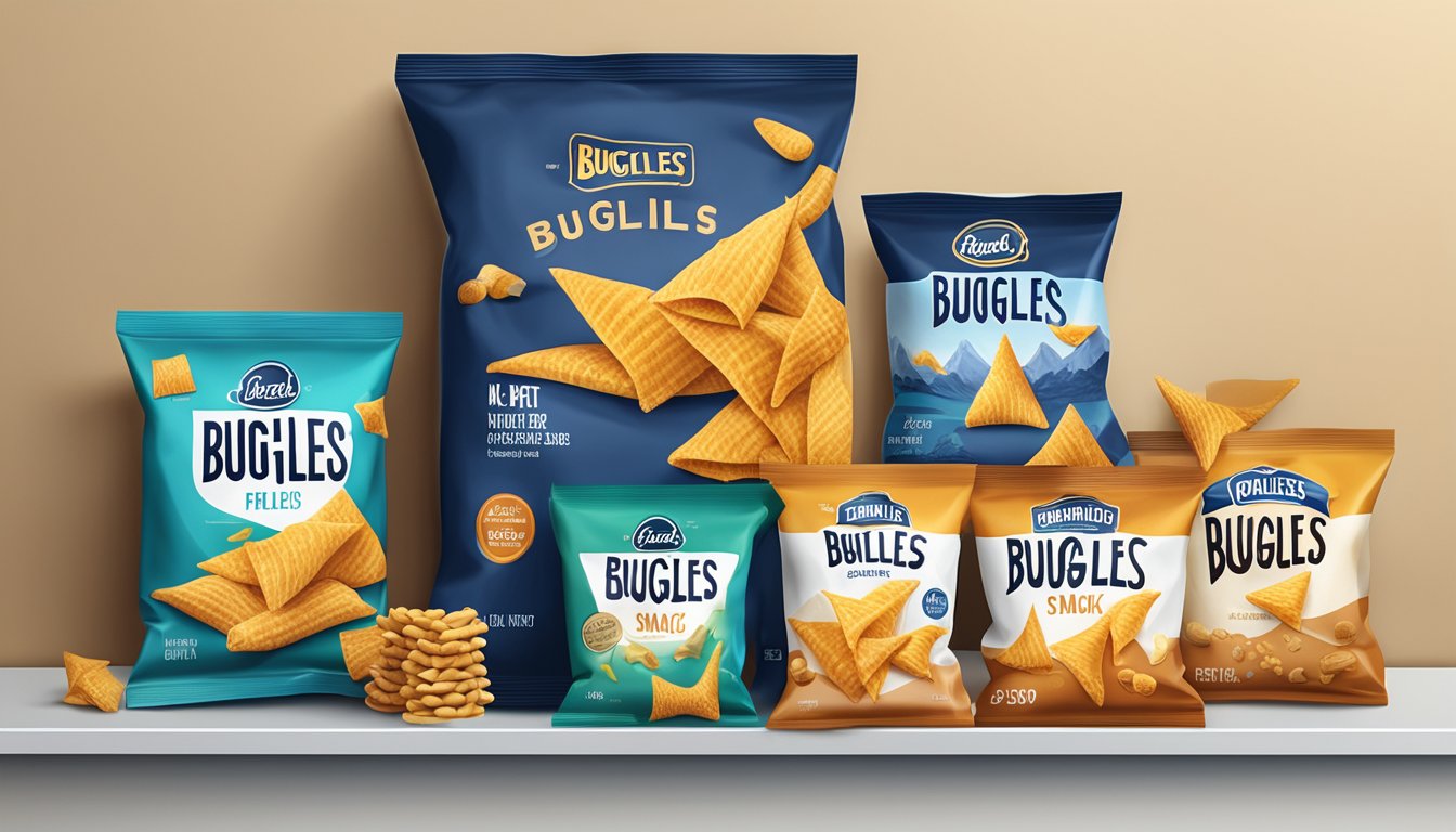 A bag of Bugles sits on a shelf, surrounded by other snack items. The packaging is unopened and the Bugles appear fresh and crispy