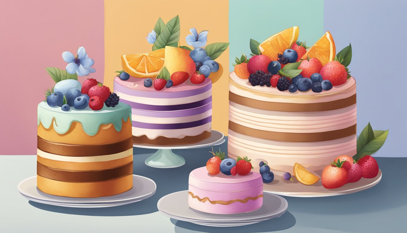 A variety of cakes sit on a table, each with different textures and colors. Some are frosted, some are layered, and all are surrounded by decorative elements like fruit and flowers