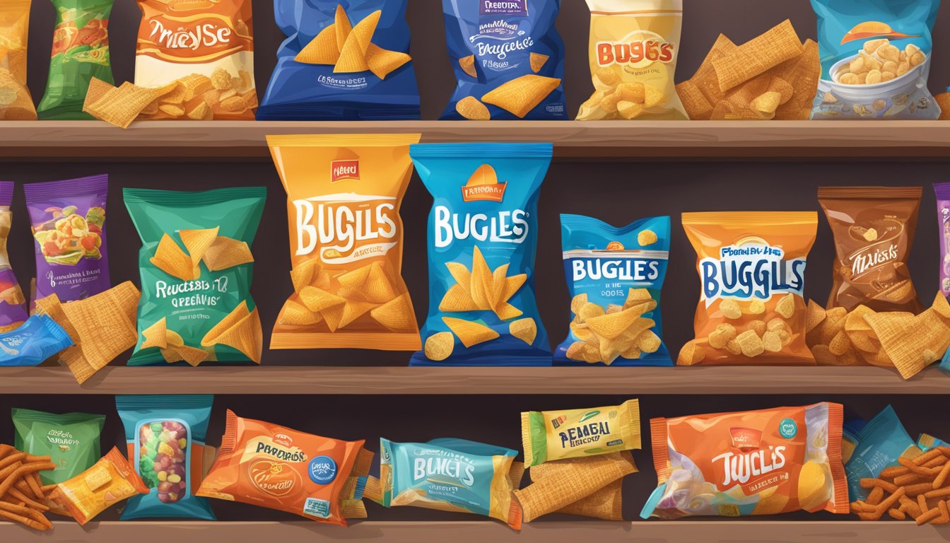 A bag of Bugles sits on a shelf, surrounded by other snacks. The packaging is sealed and intact, suggesting long-lasting preservation