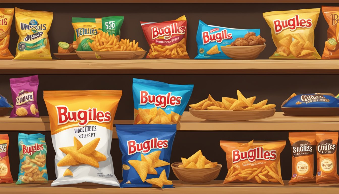 A bag of Bugles sits on a shelf, unopened and untouched, surrounded by other snack items