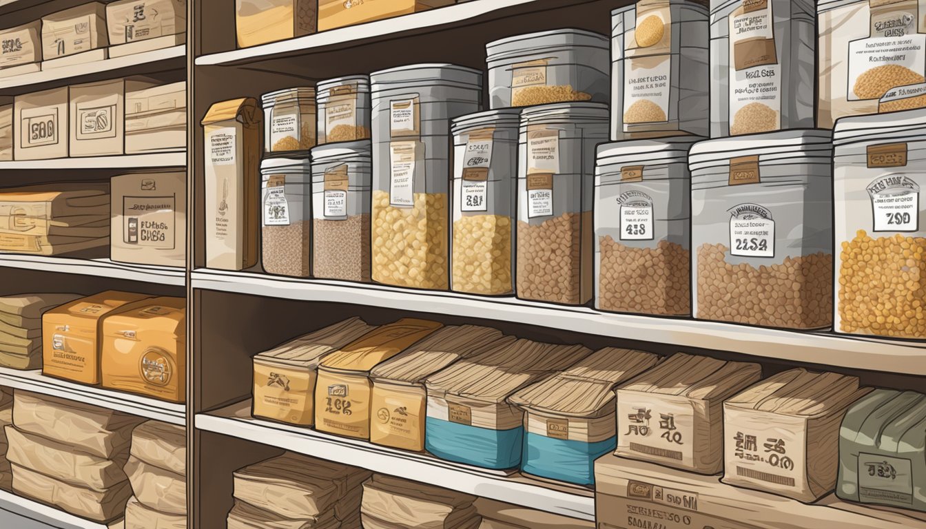 A package of buckwheat noodles sits on a pantry shelf, surrounded by other dry goods. The label indicates the expiration date is still months away