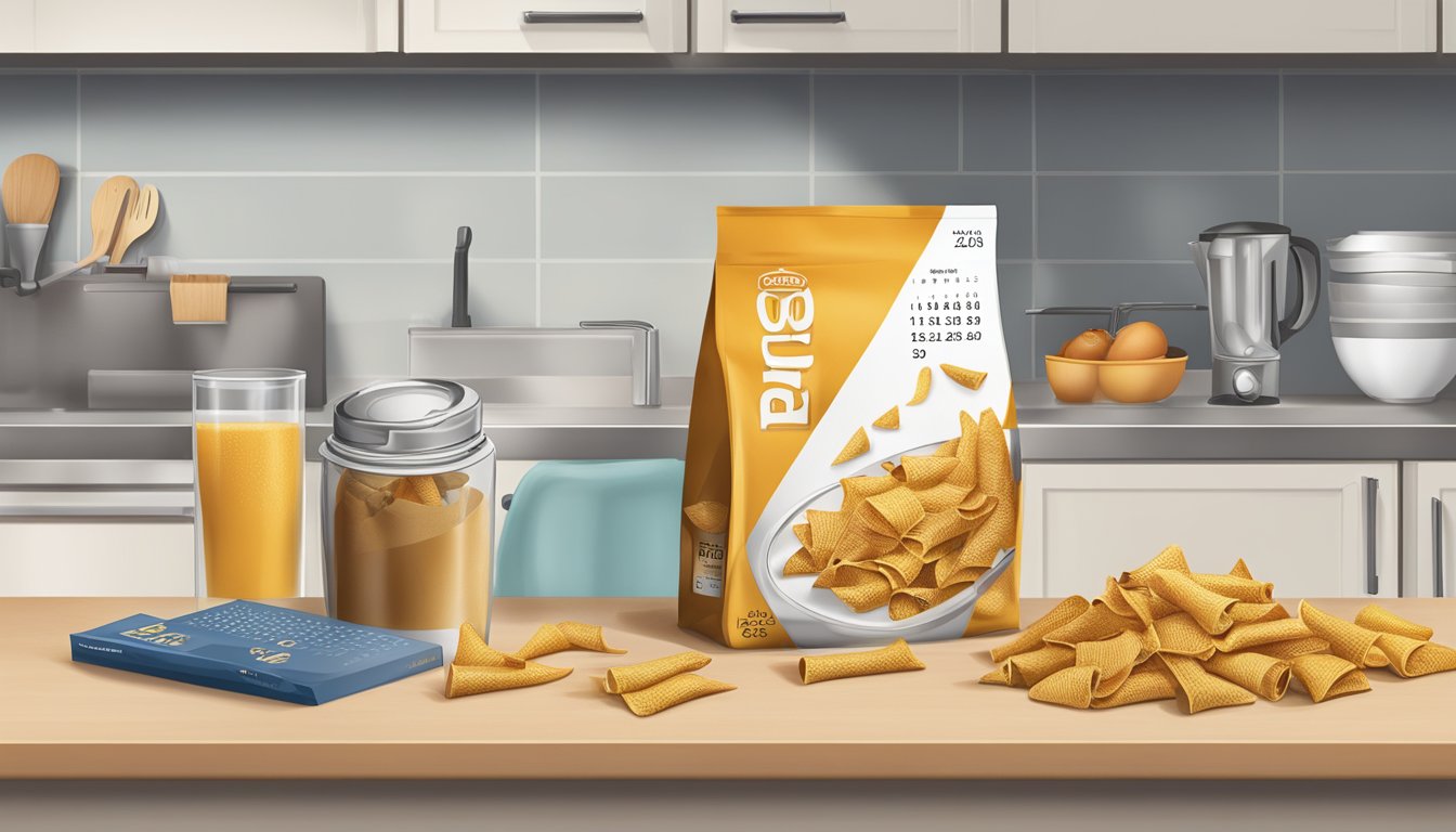 A bag of Bugles sits on a kitchen counter, next to a calendar showing the current date. A few Bugles are spilled out, and the bag is partially open