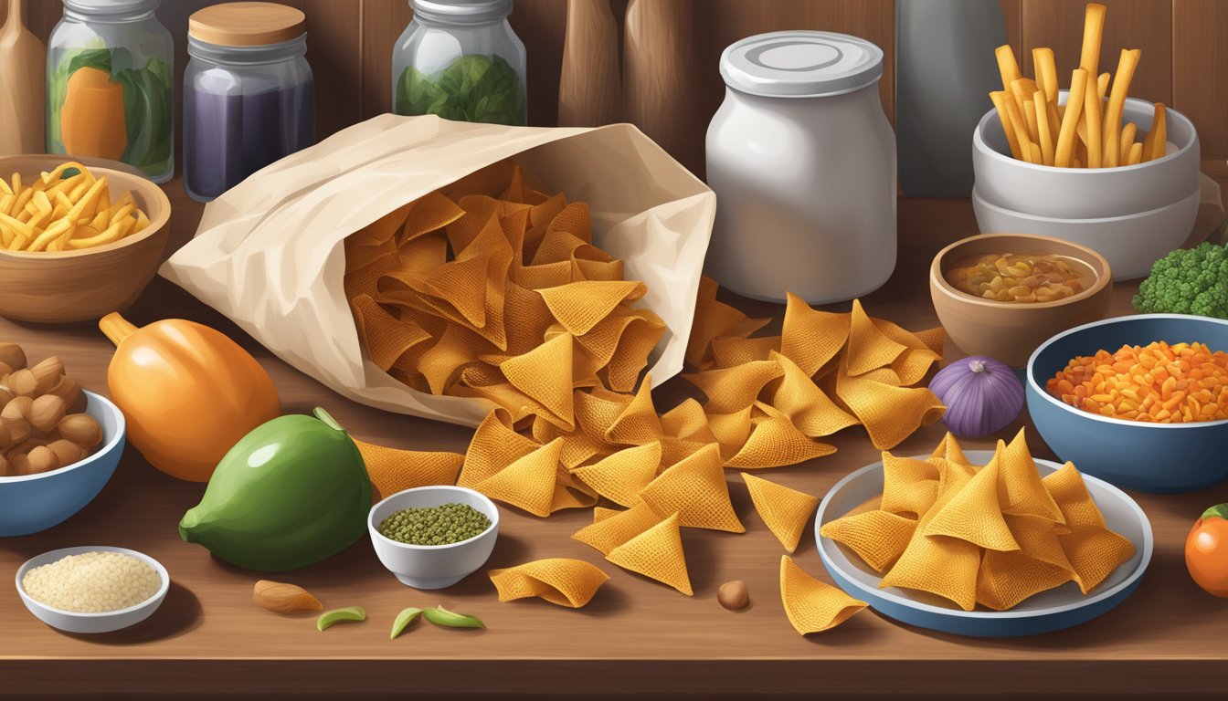 A bag of Bugles sits on a kitchen counter, surrounded by colorful regional and cultural food items