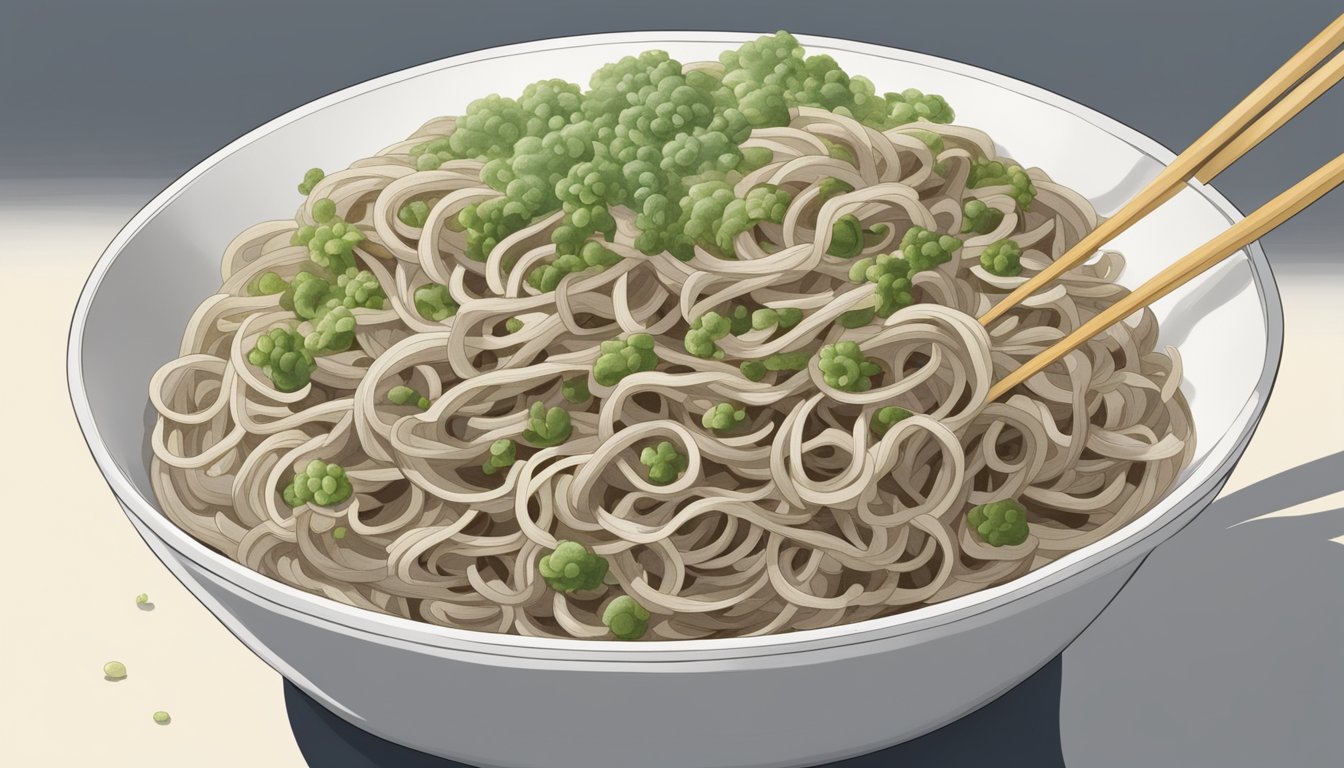 Buckwheat noodles covered in mold, emitting a foul odor, and discolored